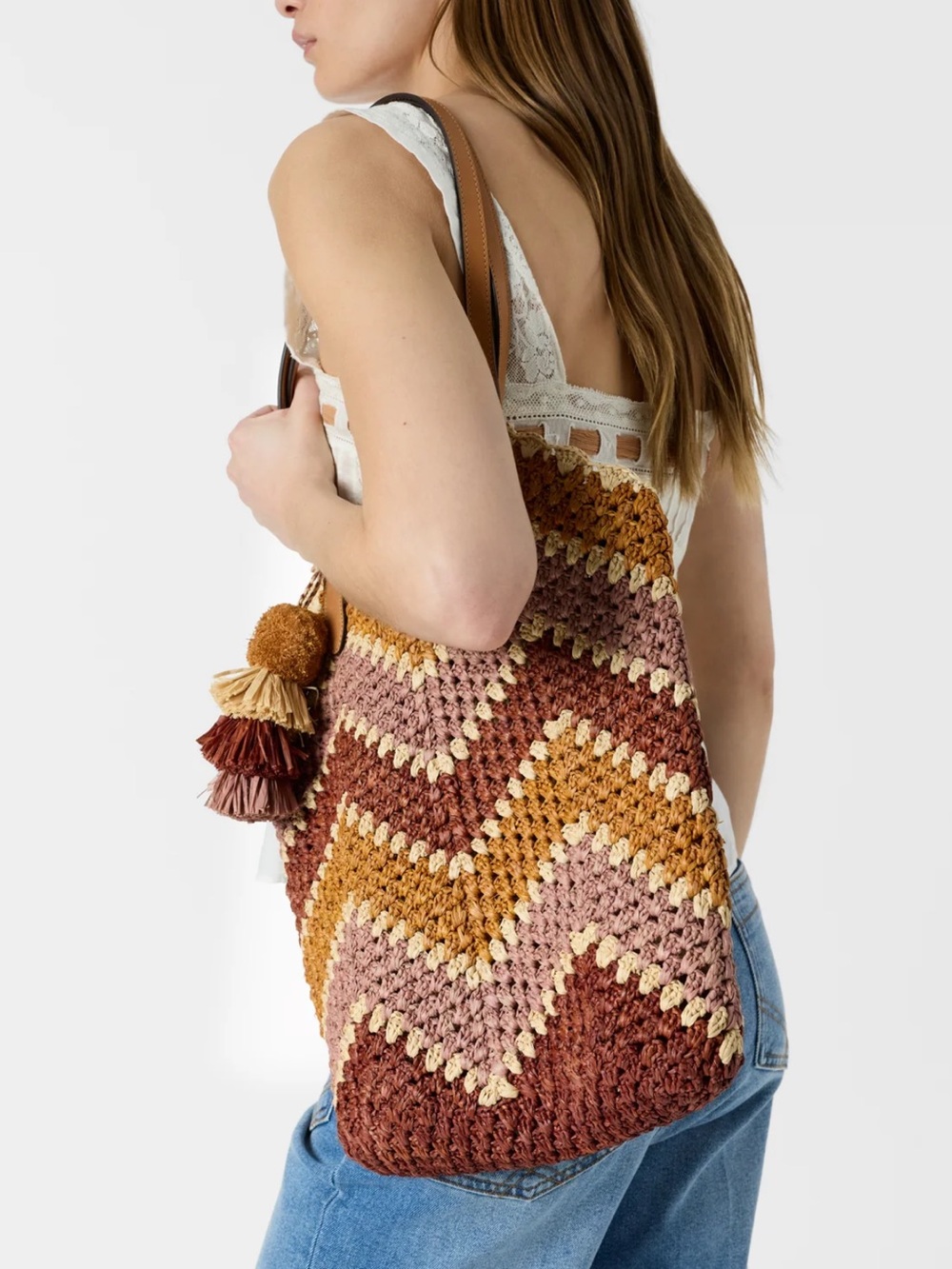 Gerard Darel Margot Woven Chevron Raffia Tote Bag in Burgundy, Pink & Tan
